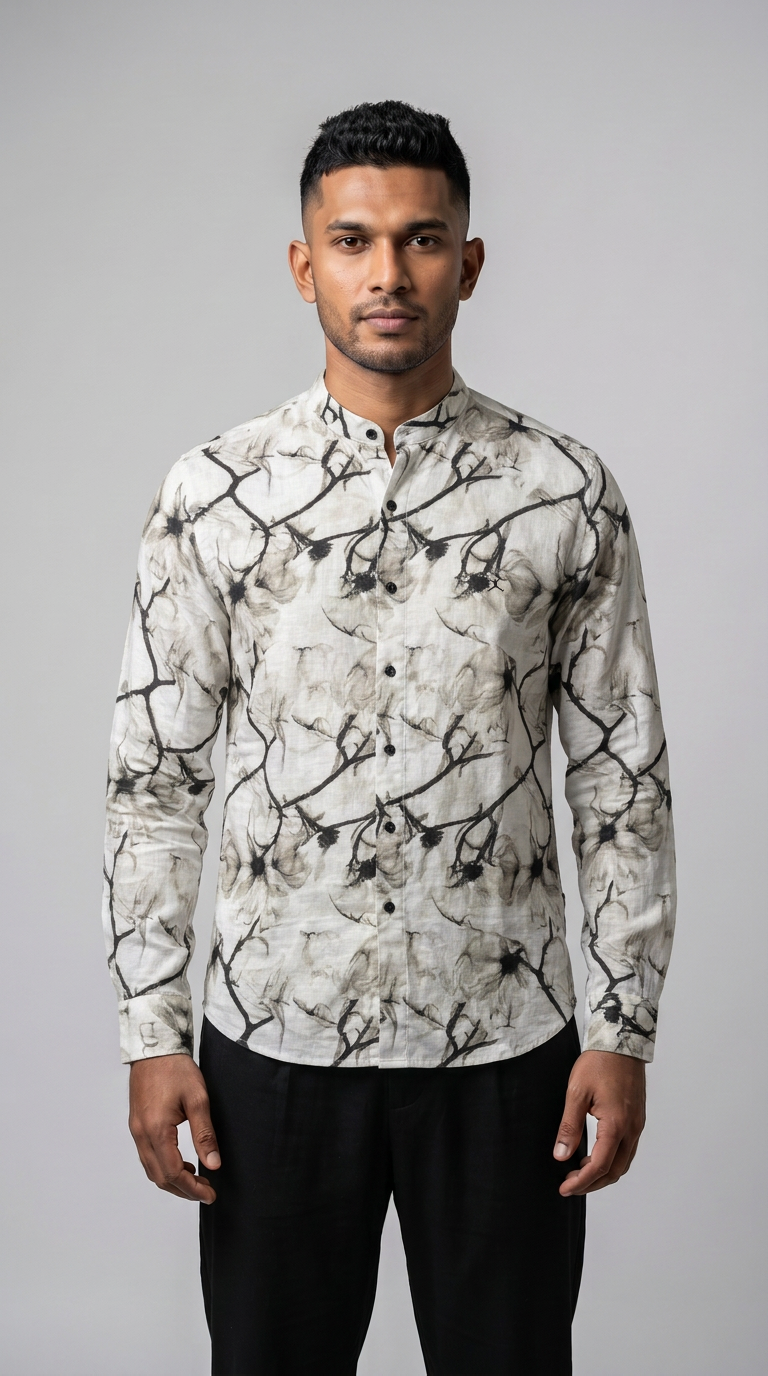 Slim Fit Cotton Linen Printed L/S Shirt - Cream