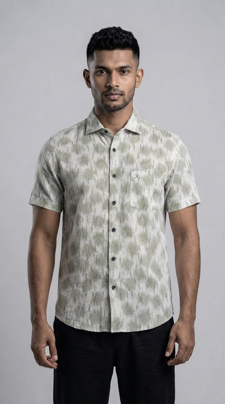 Slim Fit Cotton Linen Printed S/S Shirt - Green