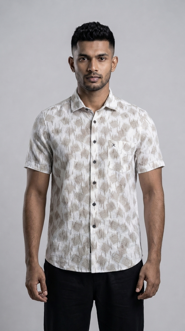 Slim Fit Cotton Linen Printed S/S Shirt - Beige