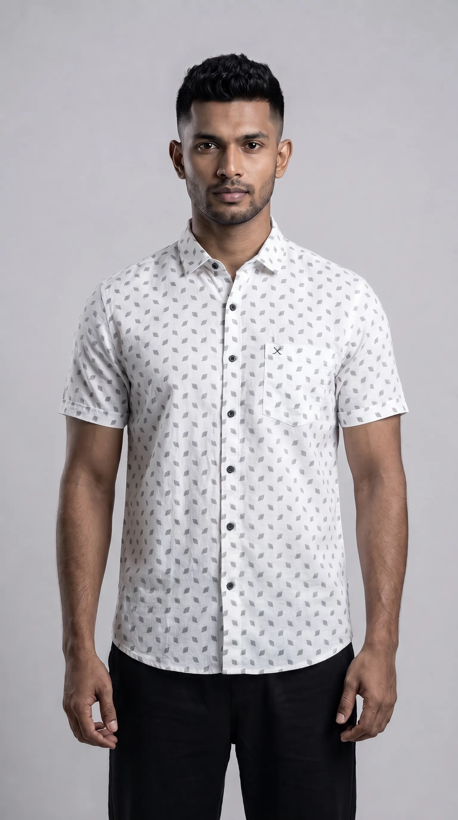 Slim Fit Cotton Linen Printed S/S Shirt - White