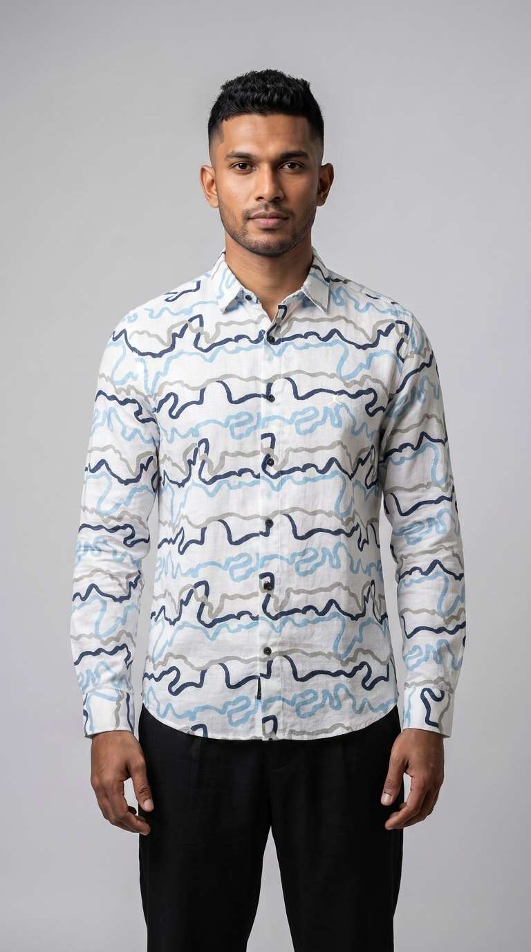 Slim Fit Cotton Linen Printed L/S Shirt - Blue