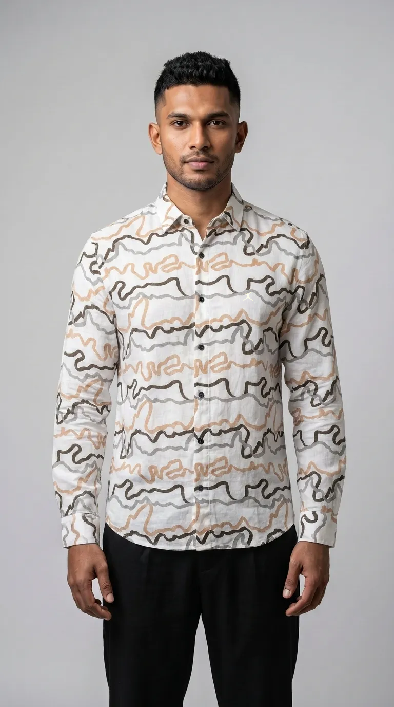 Slim Fit Cotton Linen Printed L/S Shirt - Beige