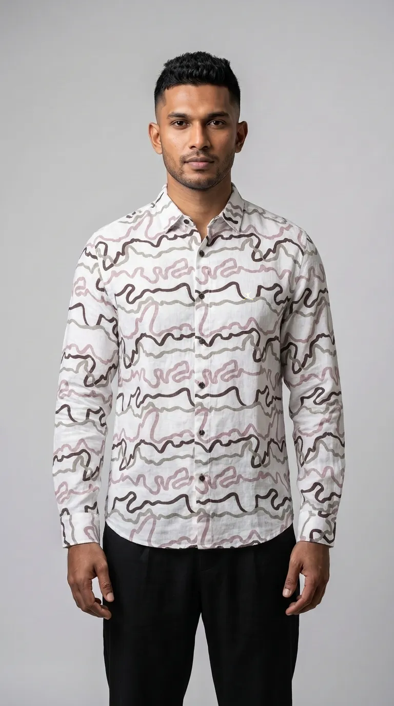 Slim Fit Cotton Linen Printed L/S Shirt - Pink