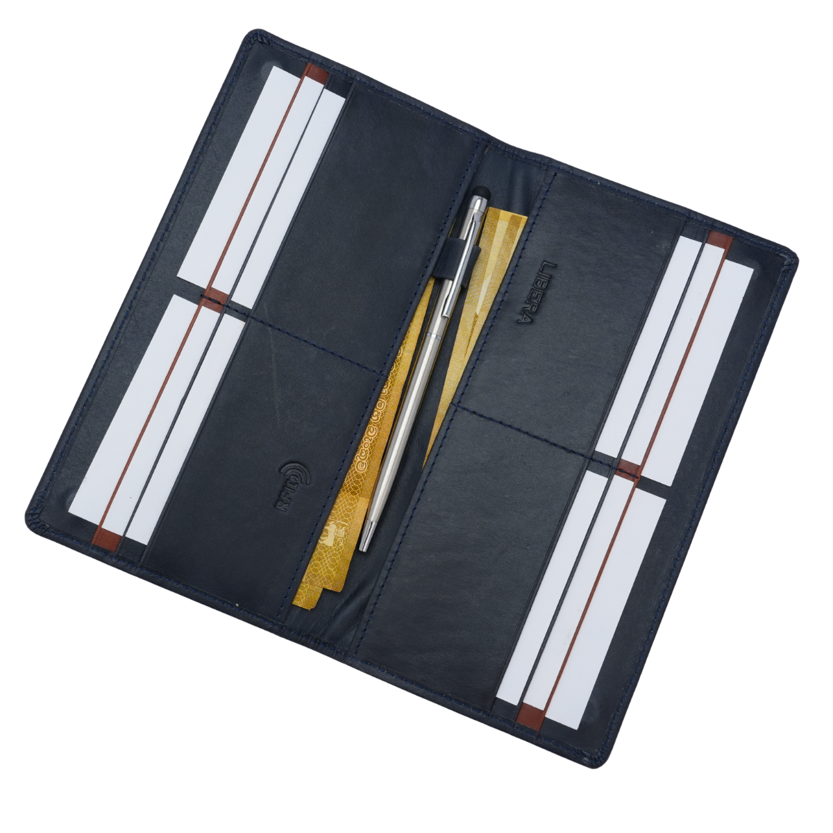 Genuine Leather Ladies RFID Long Wallet - Navy Blue