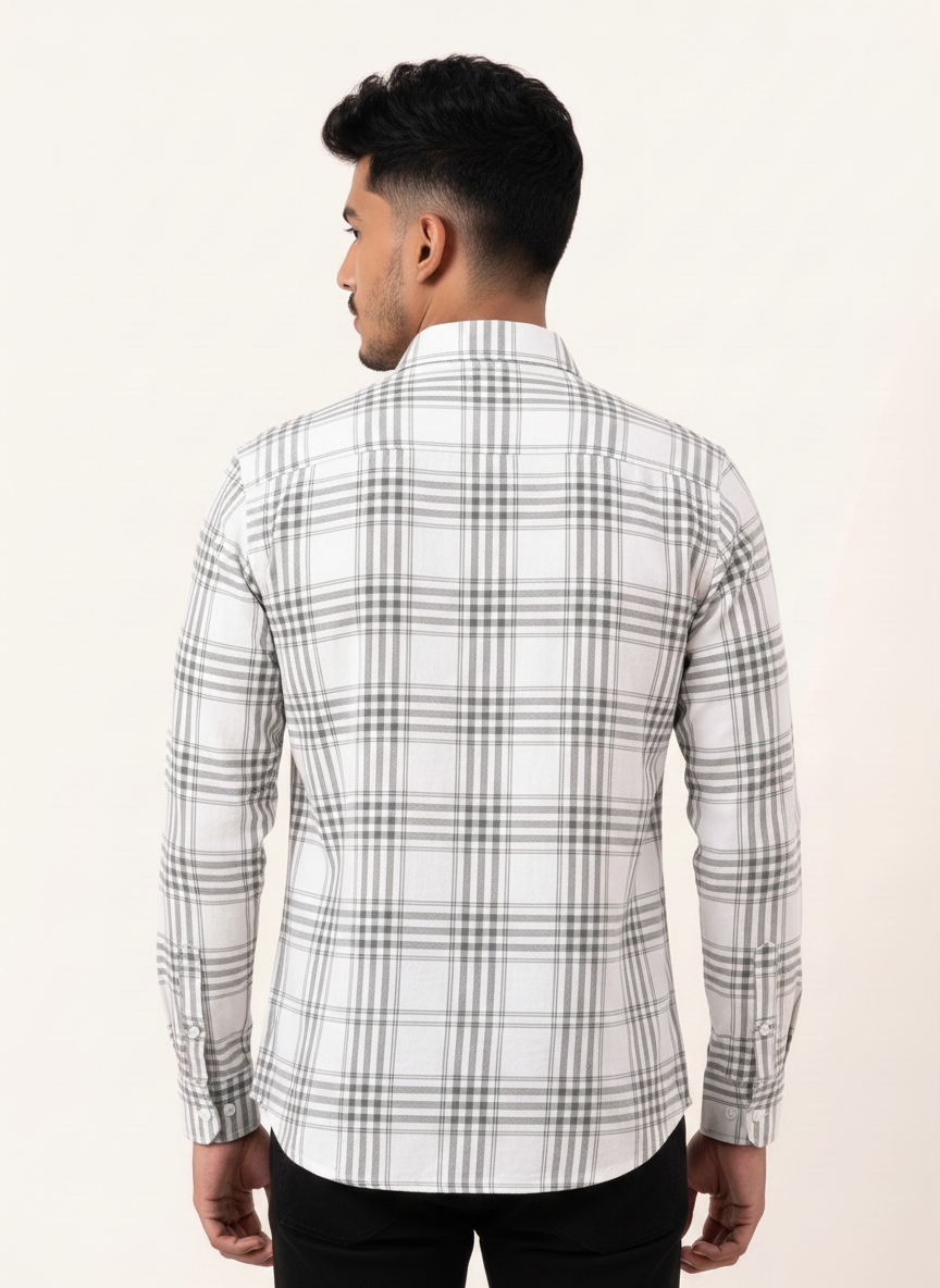 Slim Fit Cotton Check Double Pocket Shirt L/S - White