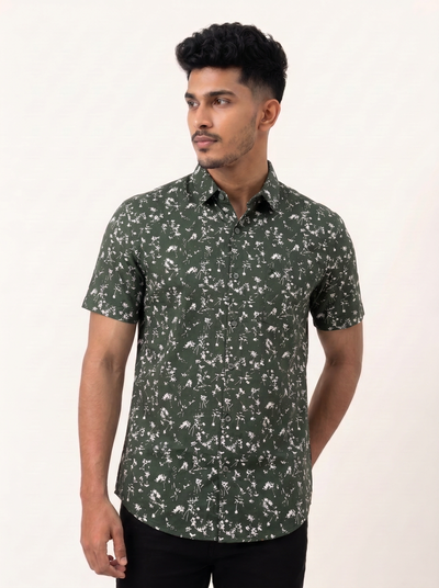 Slim Fit Cotton Printed S/S Shirt - Green