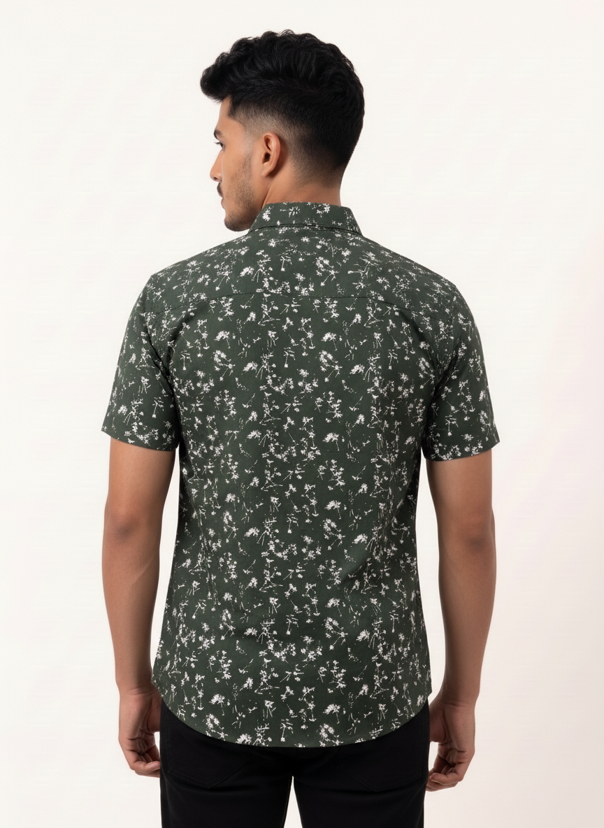 Slim Fit Cotton Printed S/S Shirt - Green