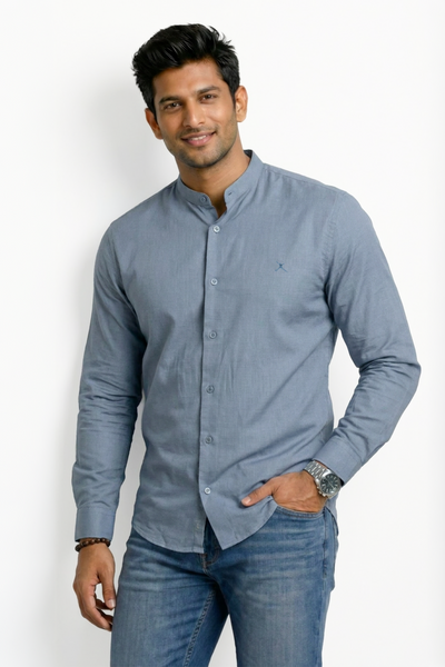 Slim Fit Cotton Plain L/S Shirt - Steel Blue