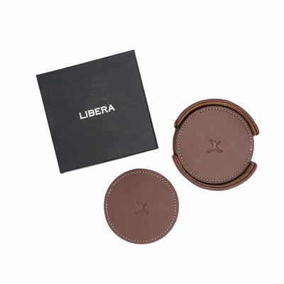 Italian Leather Round Coaster Set - Tan