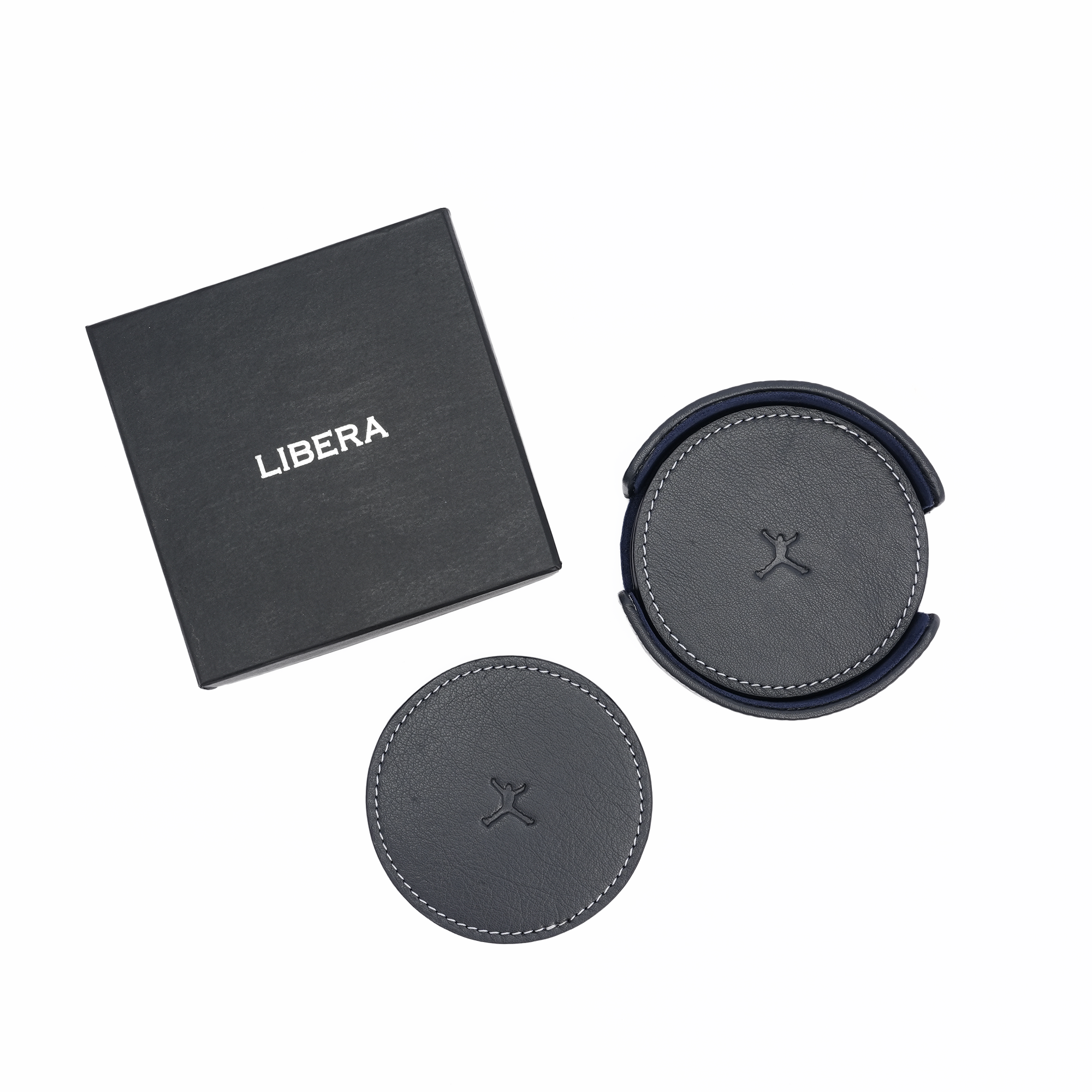 Italian Leather Round Coaster Set - Navy Blue