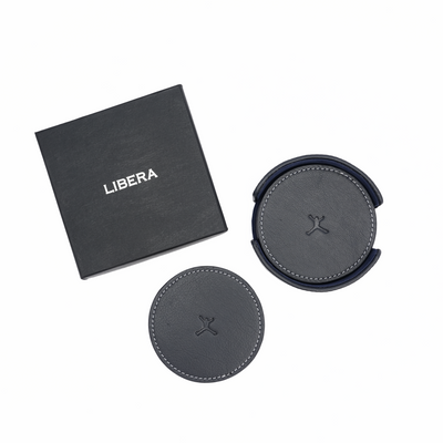 Italian Leather Round Coaster Set - Navy Blue