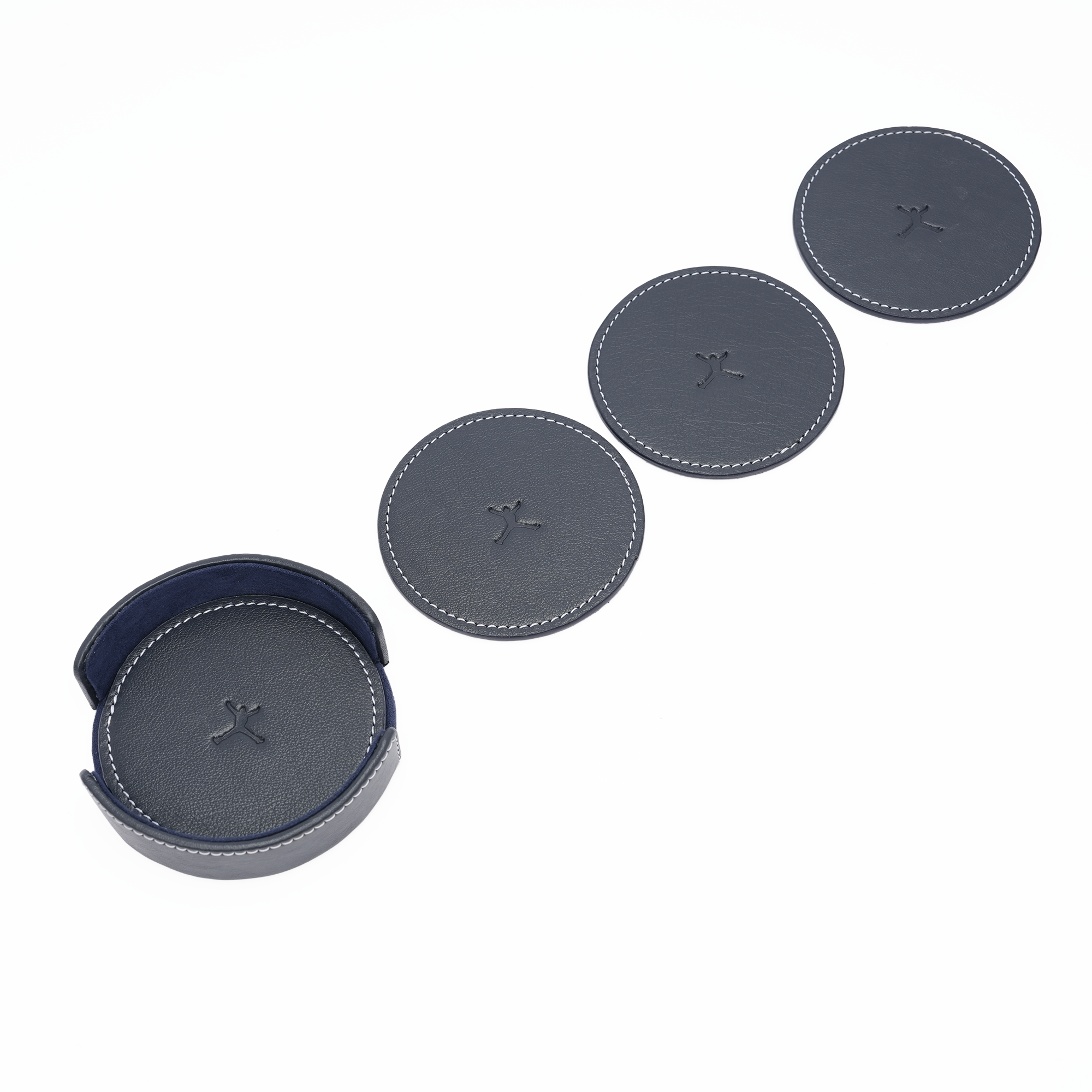 Italian Leather Round Coaster Set - Navy Blue