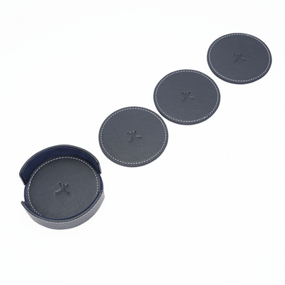 Italian Leather Round Coaster Set - Navy Blue