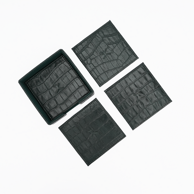 Italian Leather Square Coaster Set - Green