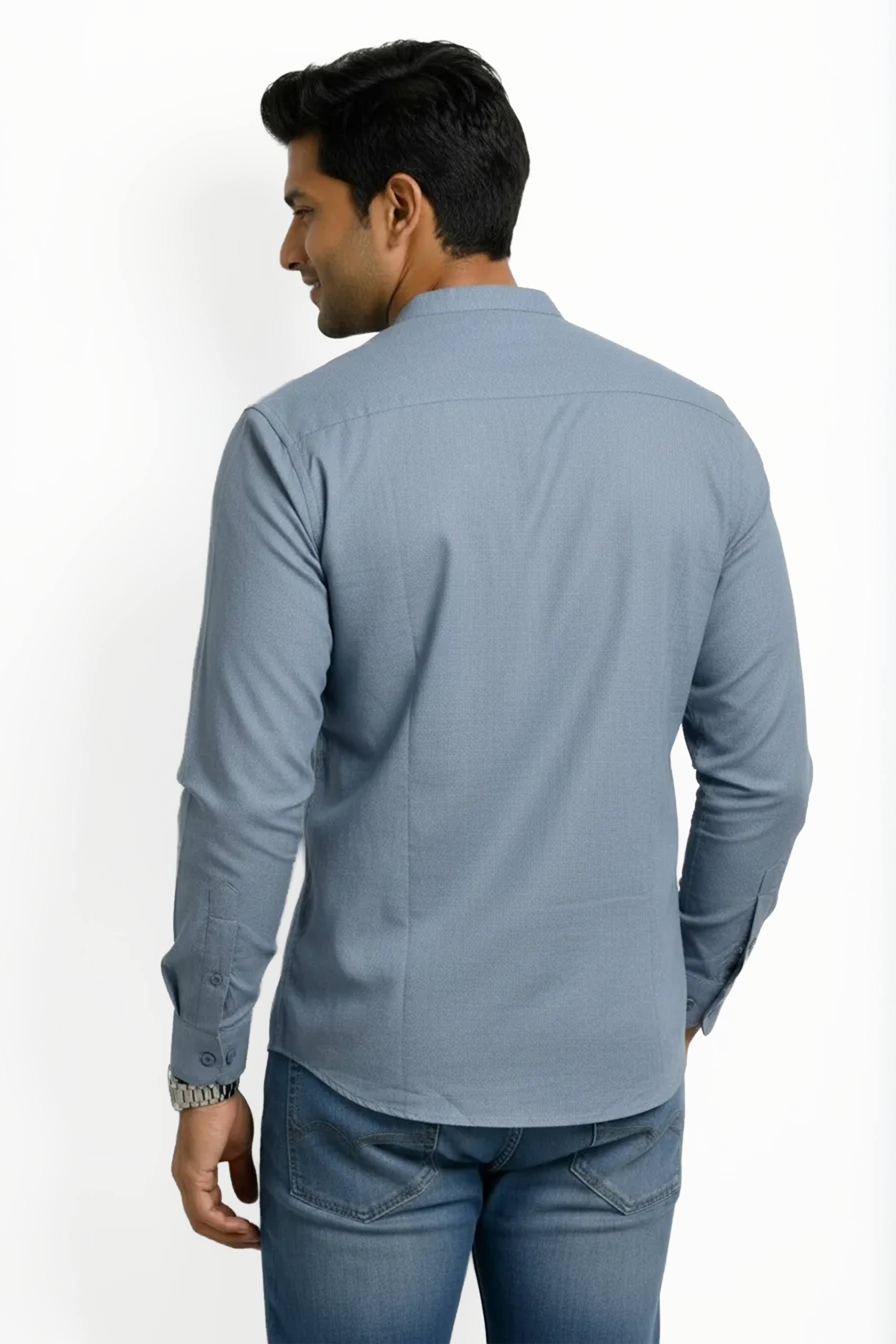 Slim Fit Cotton Plain L/S Shirt - Steel Blue