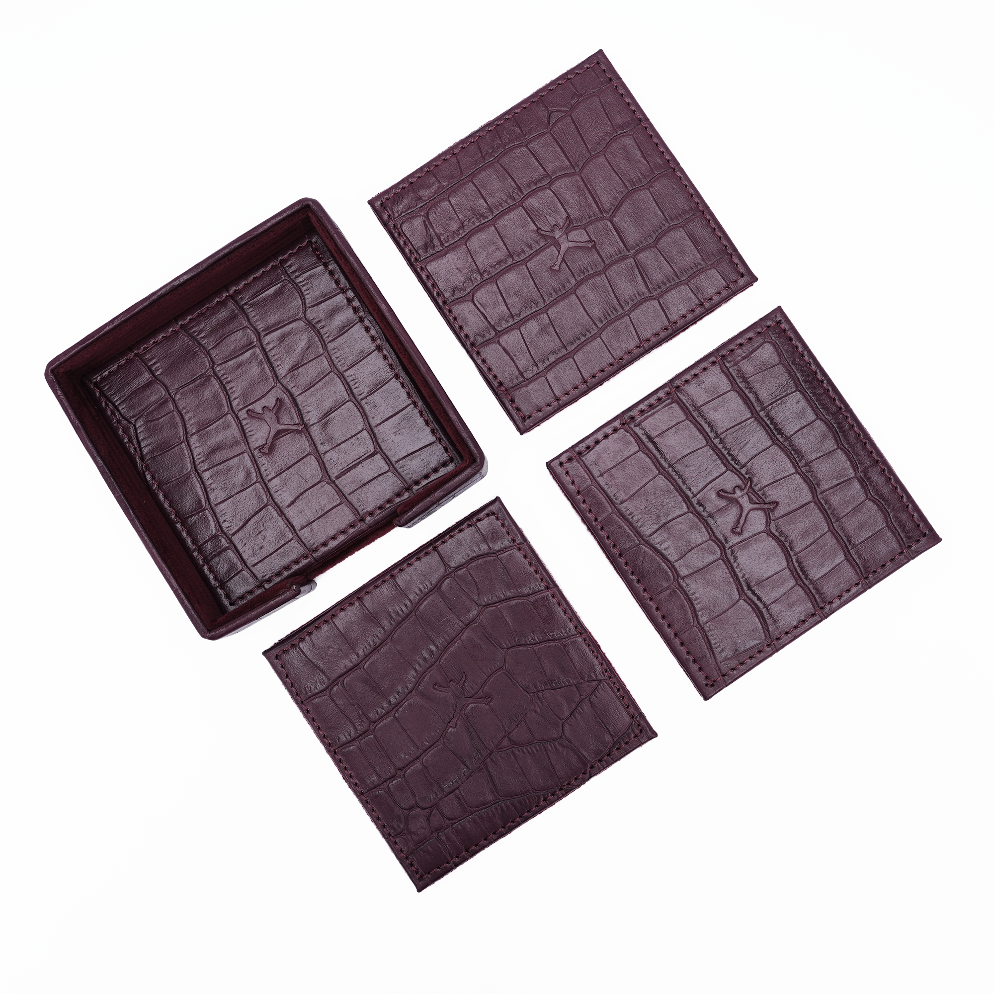 Italian Leather Square Coaster Set - Burgundy