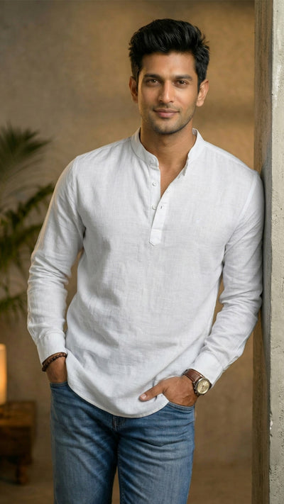 Slim Fit Cotton Linen Plain L/S Half Kurta