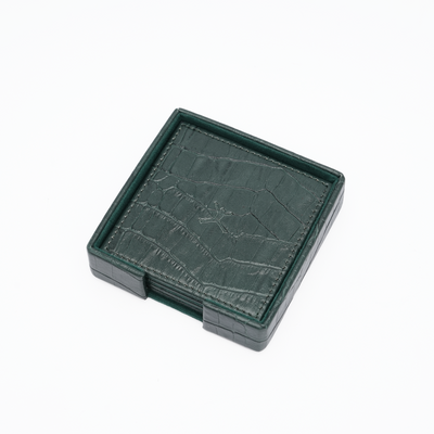 Italian Leather Square Coaster Set - Green