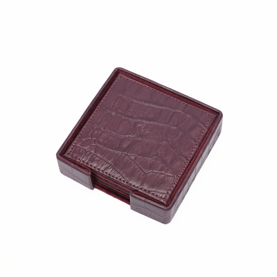Italian Leather Square Coaster Set - Burgundy