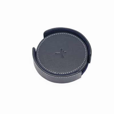 Italian Leather Round Coaster Set - Navy Blue