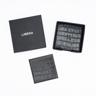 Italian Leather Square Coaster Set - Black