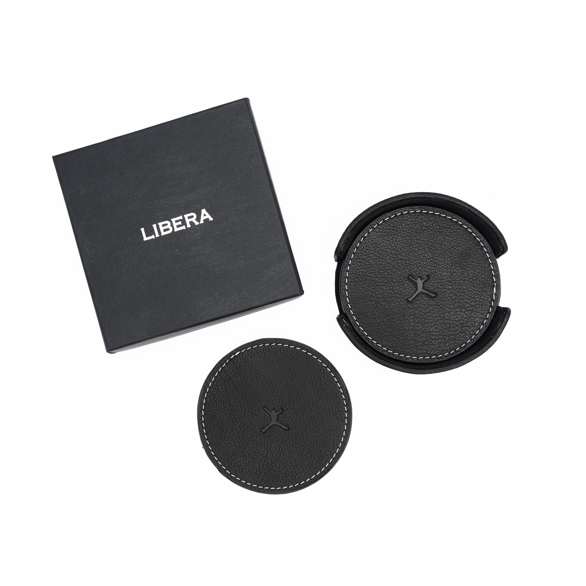 Italian Leather Round Coaster Set - Black
