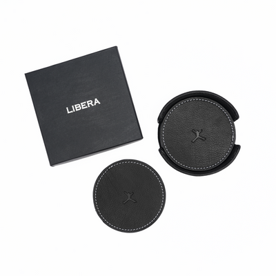 Italian Leather Round Coaster Set - Black