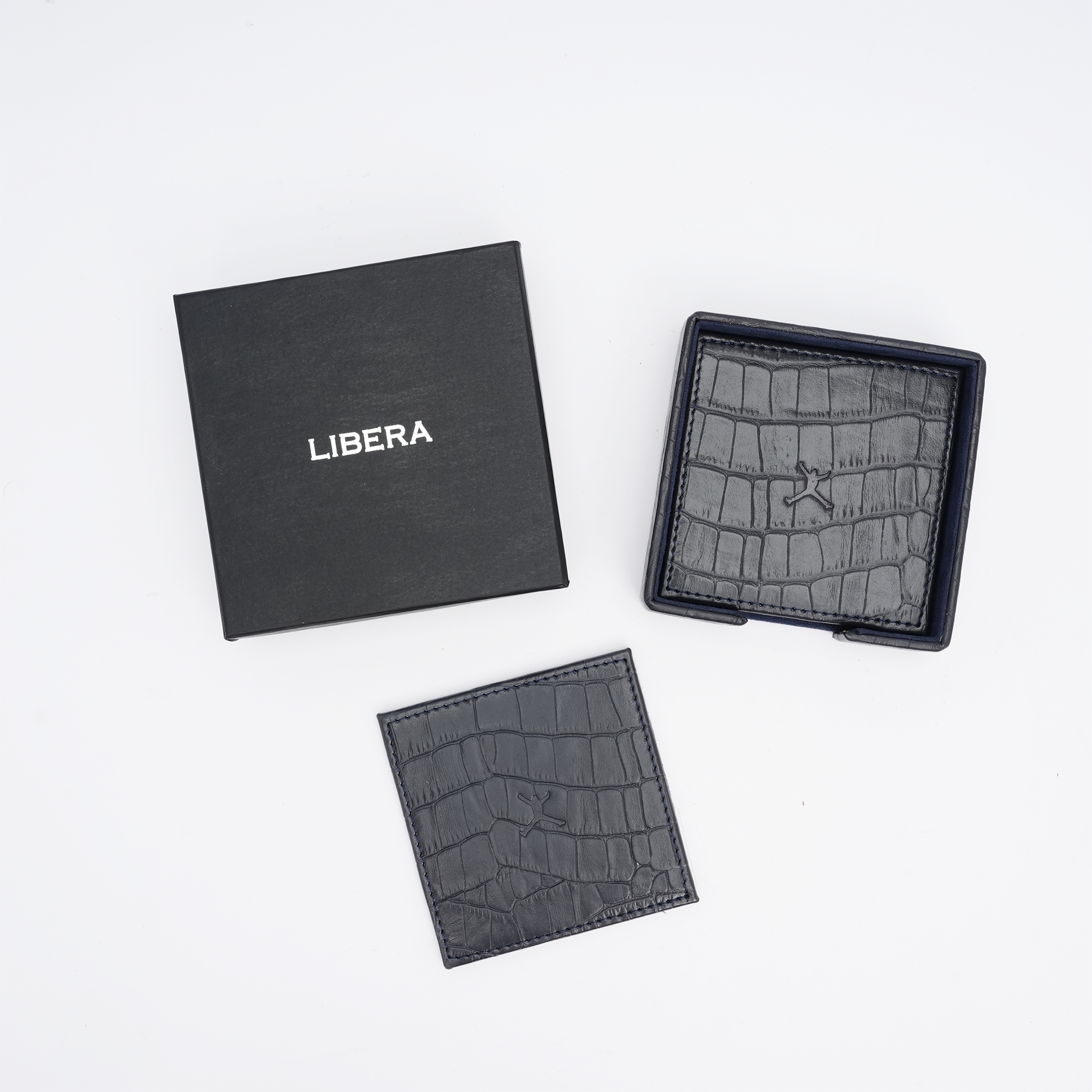 Italian Leather Square Coaster Set - Navy Blue