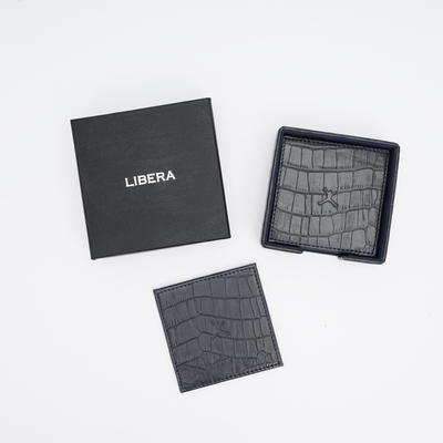 Italian Leather Square Coaster Set - Navy Blue