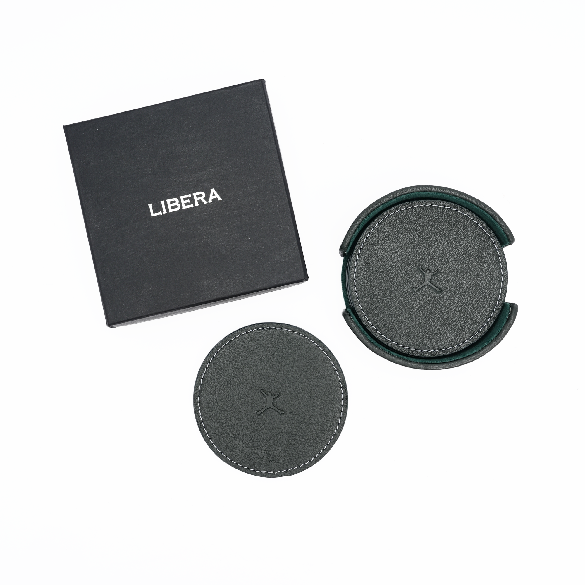 Italian Leather Round Coaster Set - Green