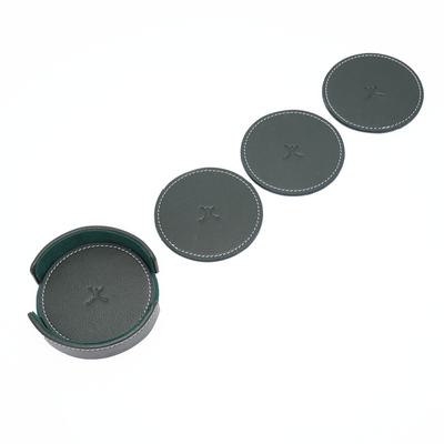 Italian Leather Round Coaster Set - Green