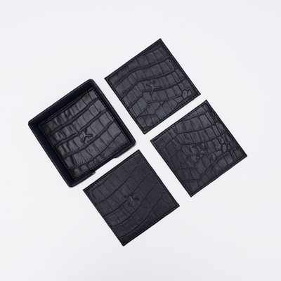 Italian Leather Square Coaster Set - Navy Blue