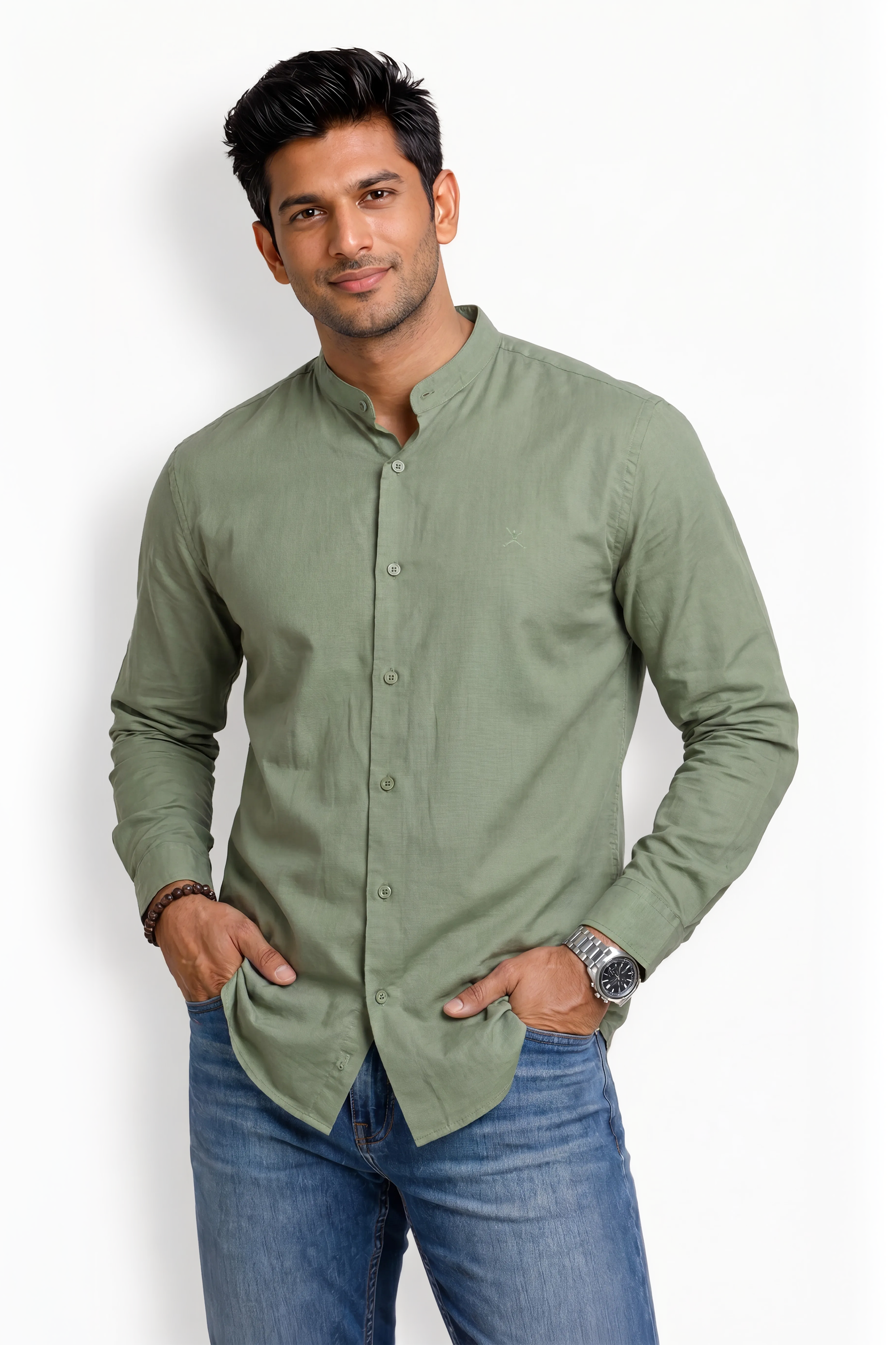 Slim Fit Cotton Plain L/S Shirt - Sage Green