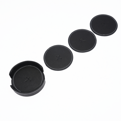 Italian Leather Round Coaster Set - Black