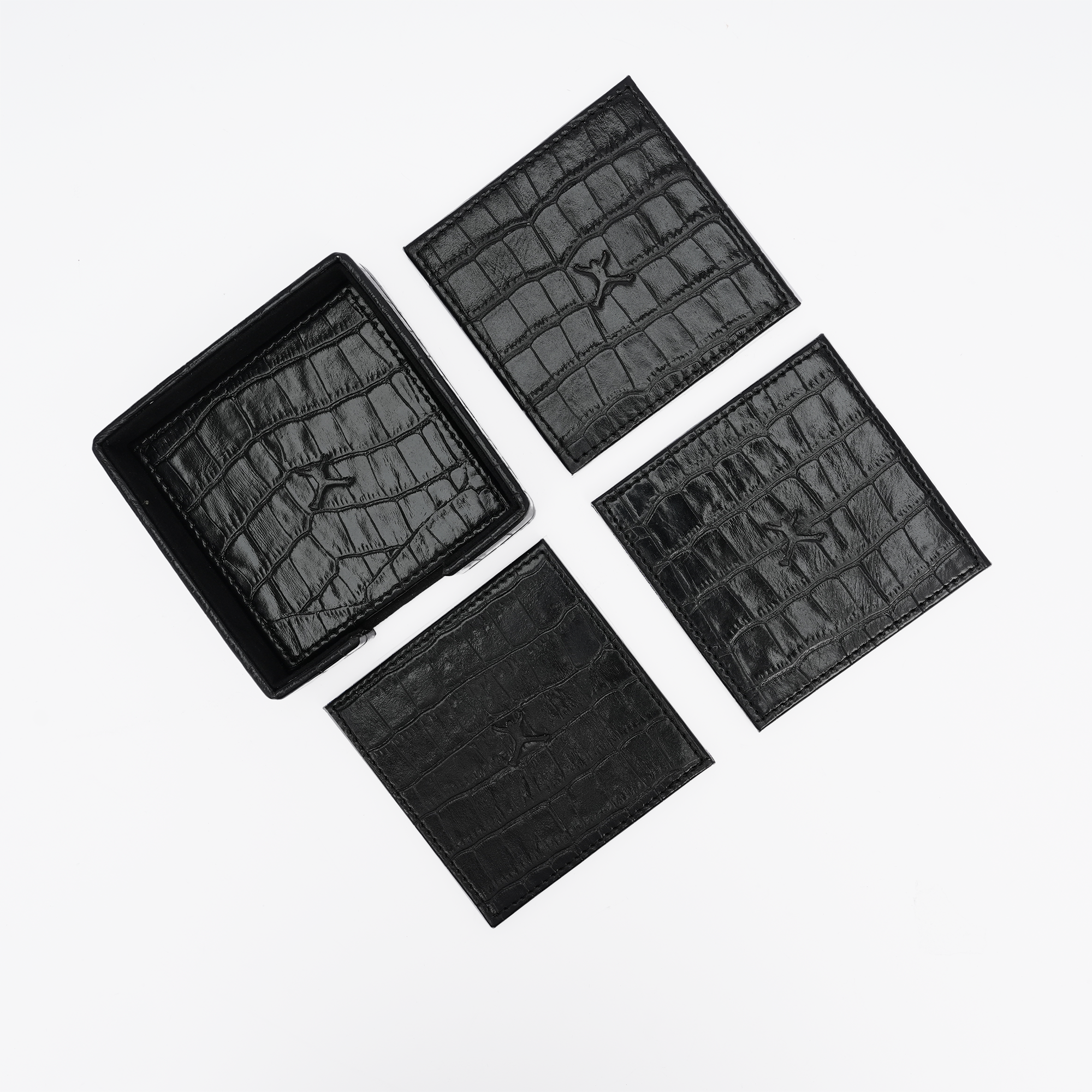 Italian Leather Square Coaster Set - Black