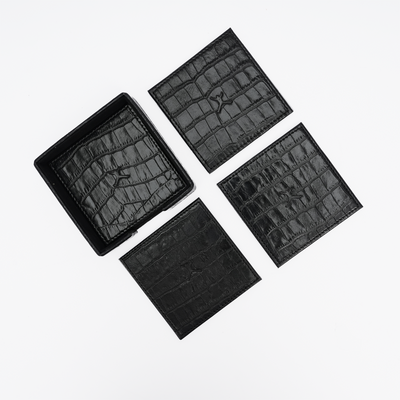 Italian Leather Square Coaster Set - Black