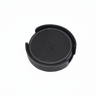 Italian Leather Round Coaster Set - Black