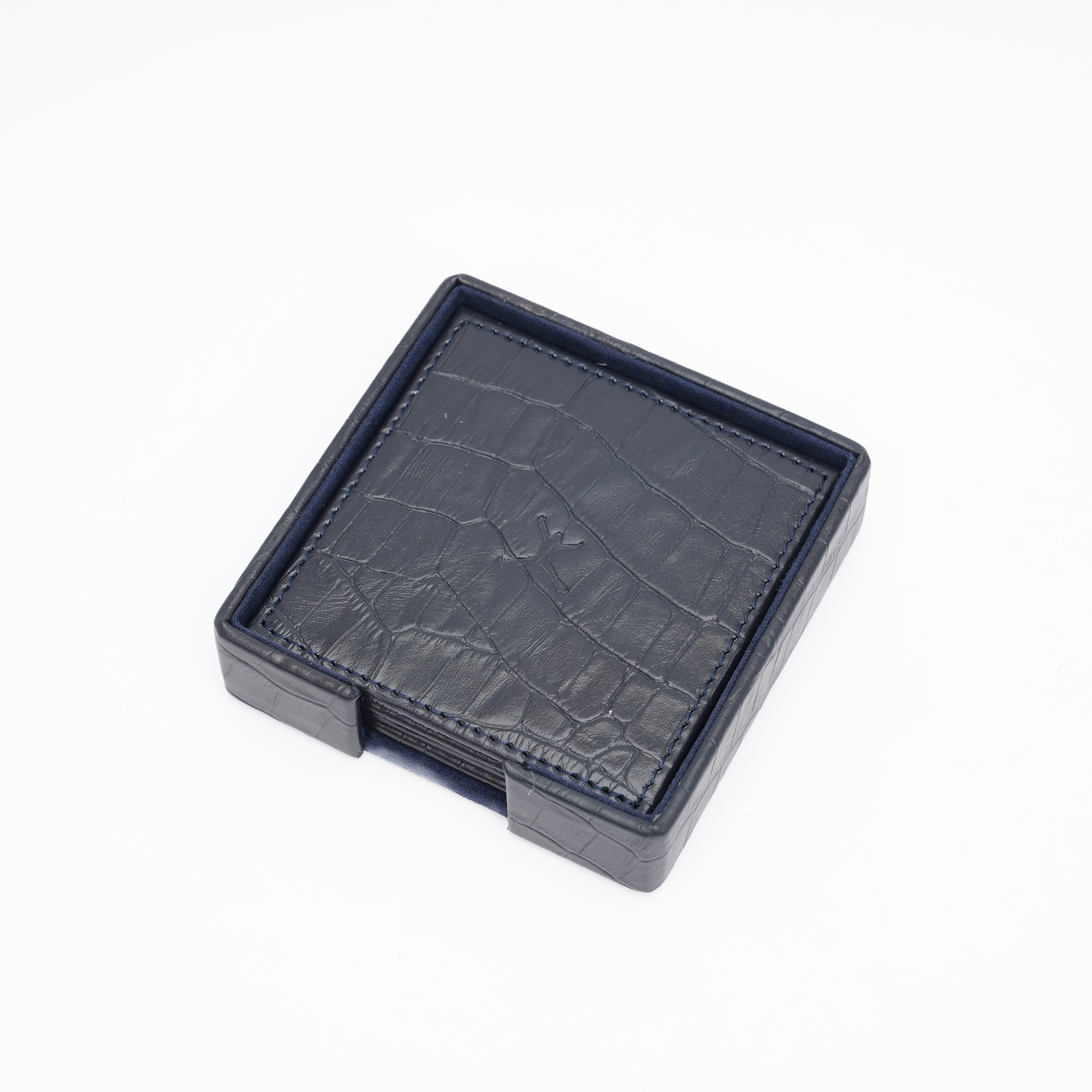 Italian Leather Square Coaster Set - Navy Blue