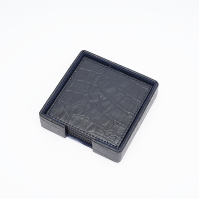 Italian Leather Square Coaster Set - Navy Blue