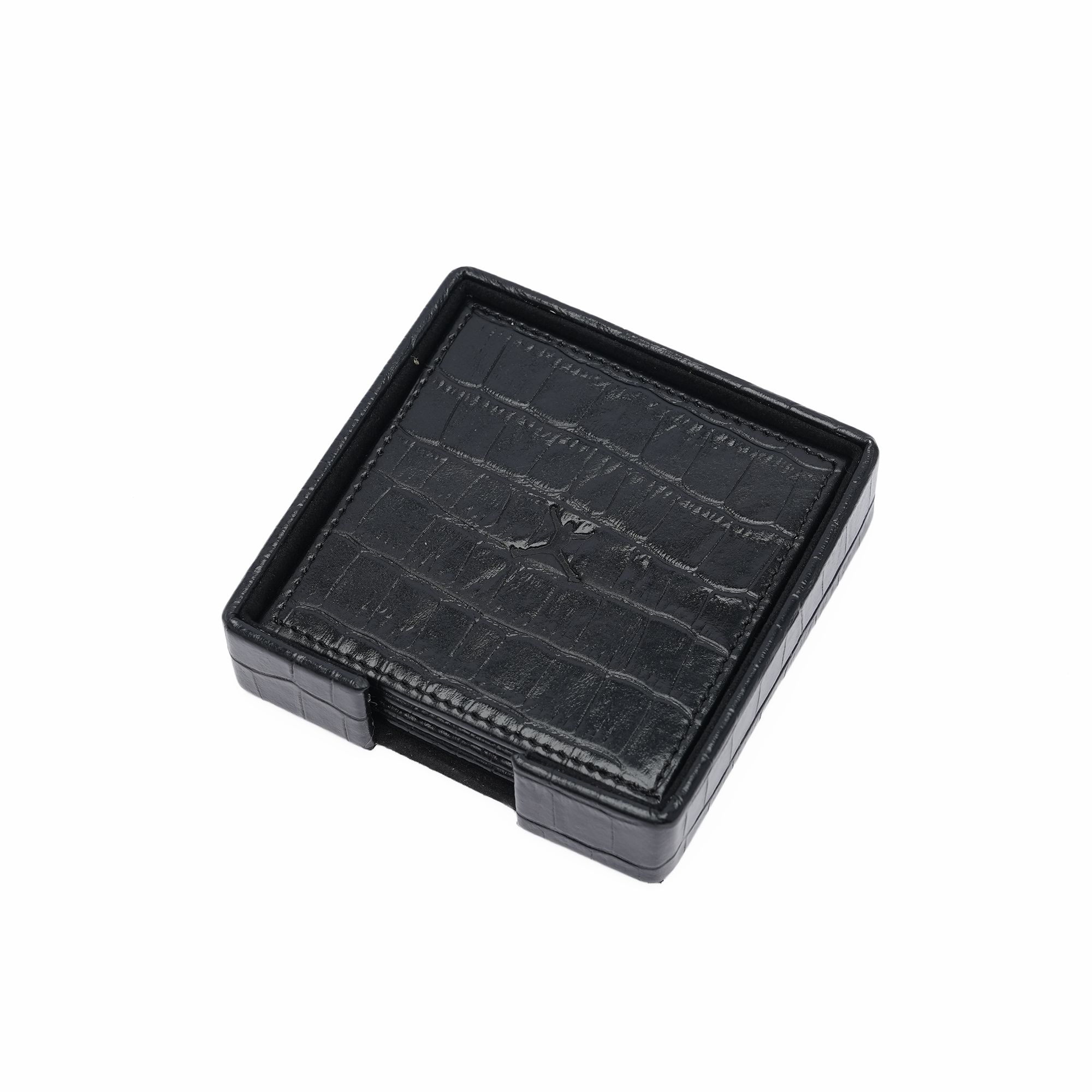 Italian Leather Square Coaster Set - Black
