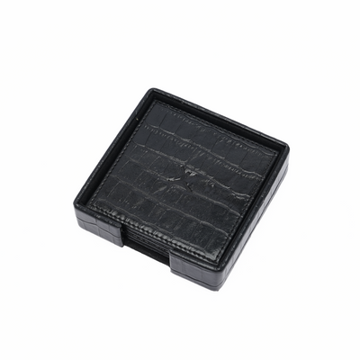 Italian Leather Square Coaster Set - Black