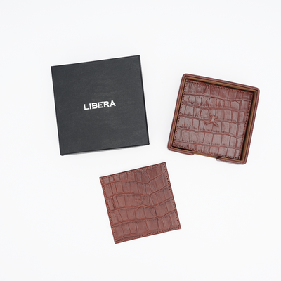 Italian Leather Square Coaster Set - Tan