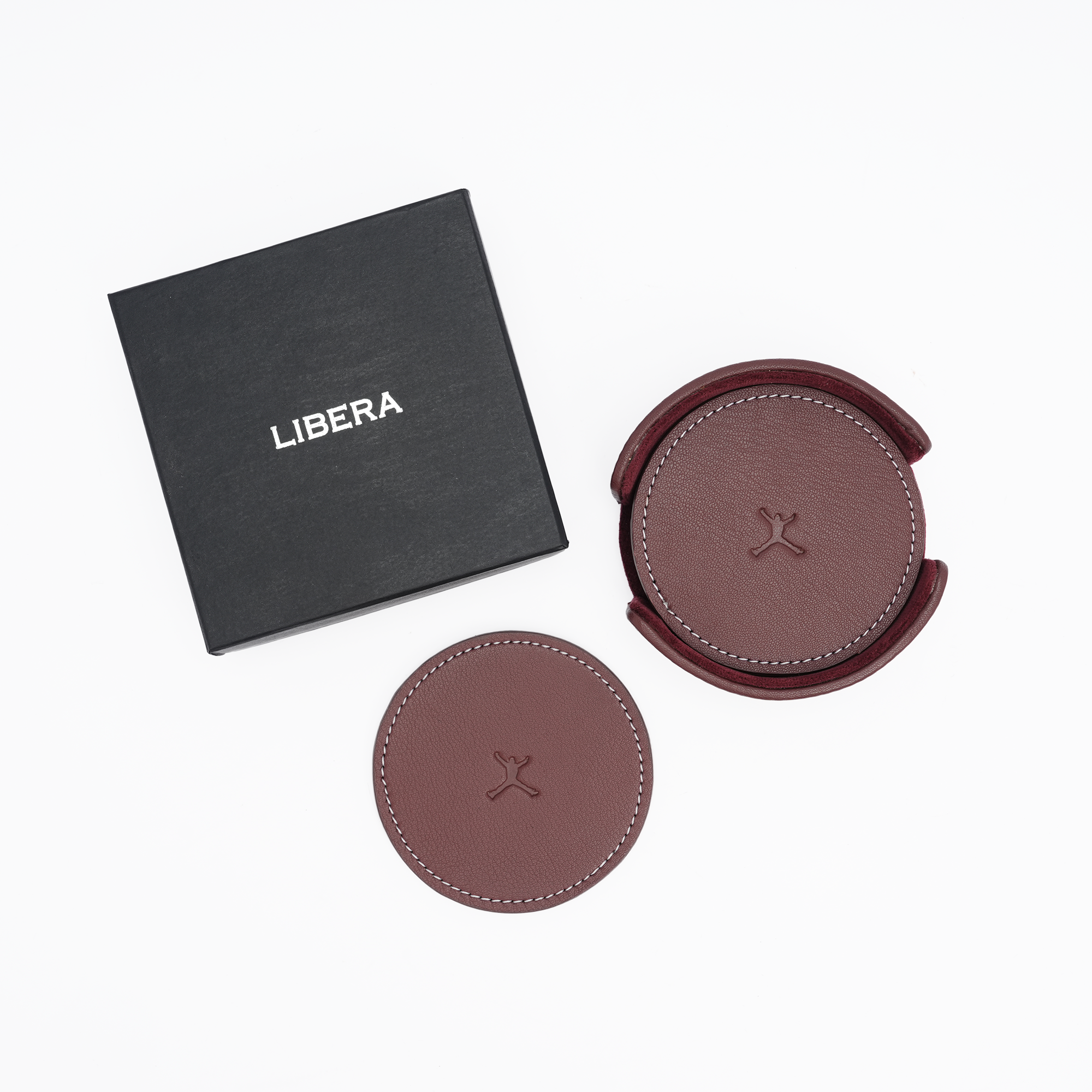 Italian Leather Round Coaster Set - Burgundy