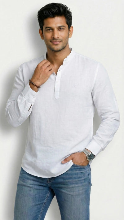 Slim Fit Cotton Linen Plain L/S Half Kurta