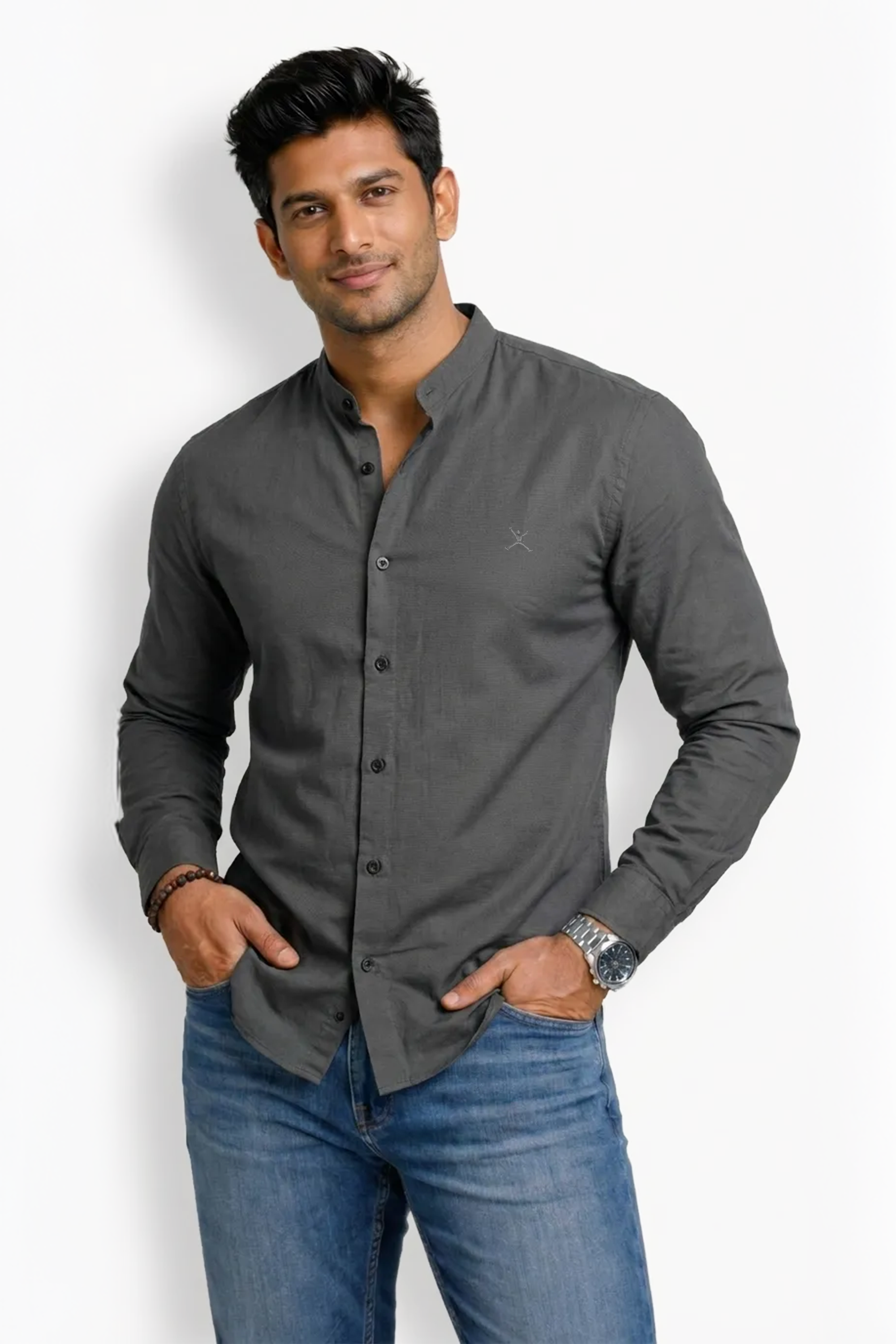 Slim Fit Cotton Plain L/S Shirt - Dark Gray