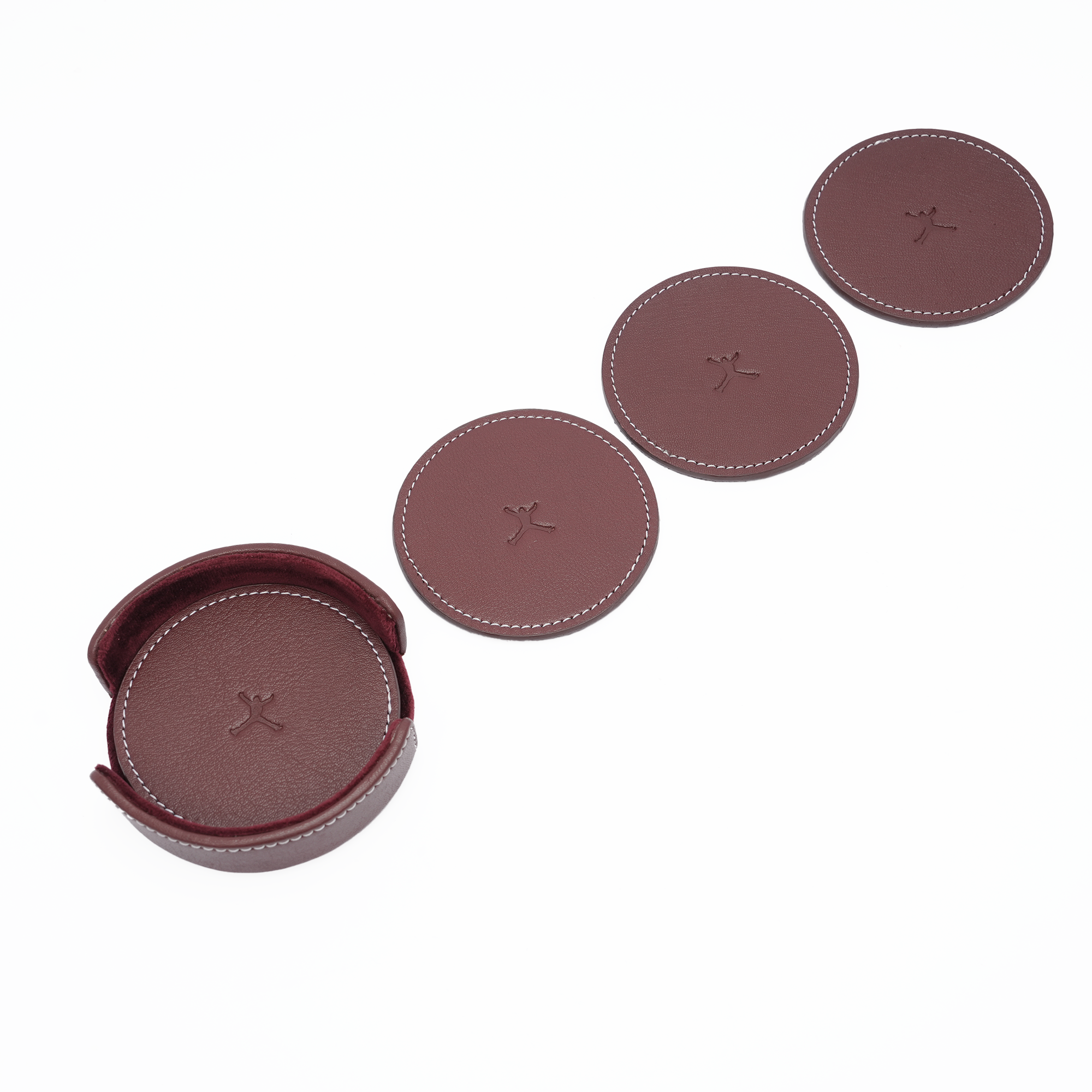 Italian Leather Round Coaster Set - Burgundy