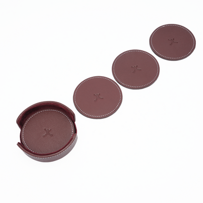 Italian Leather Round Coaster Set - Burgundy