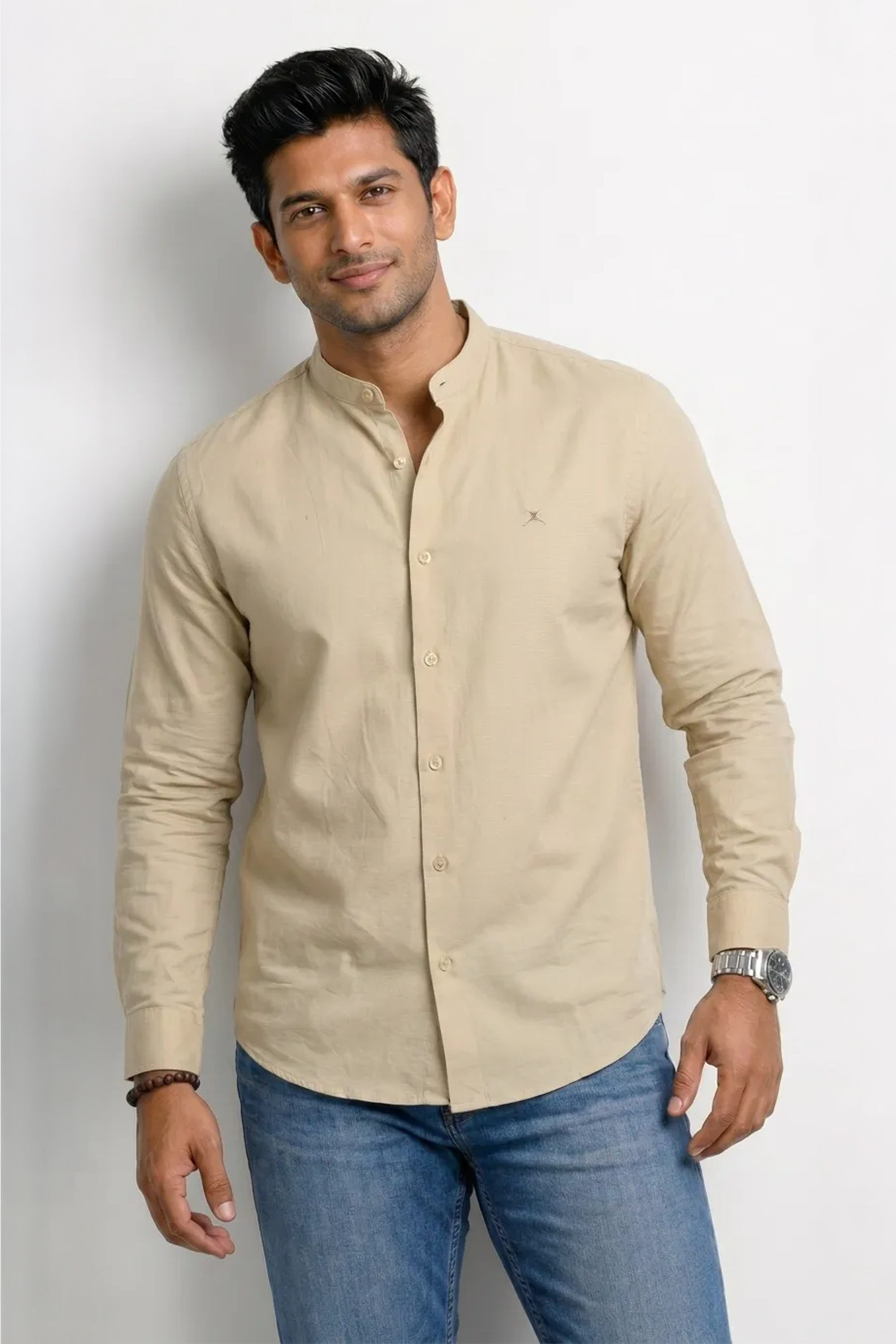 Slim Fit Cotton Plain L/S Shirt - Cream