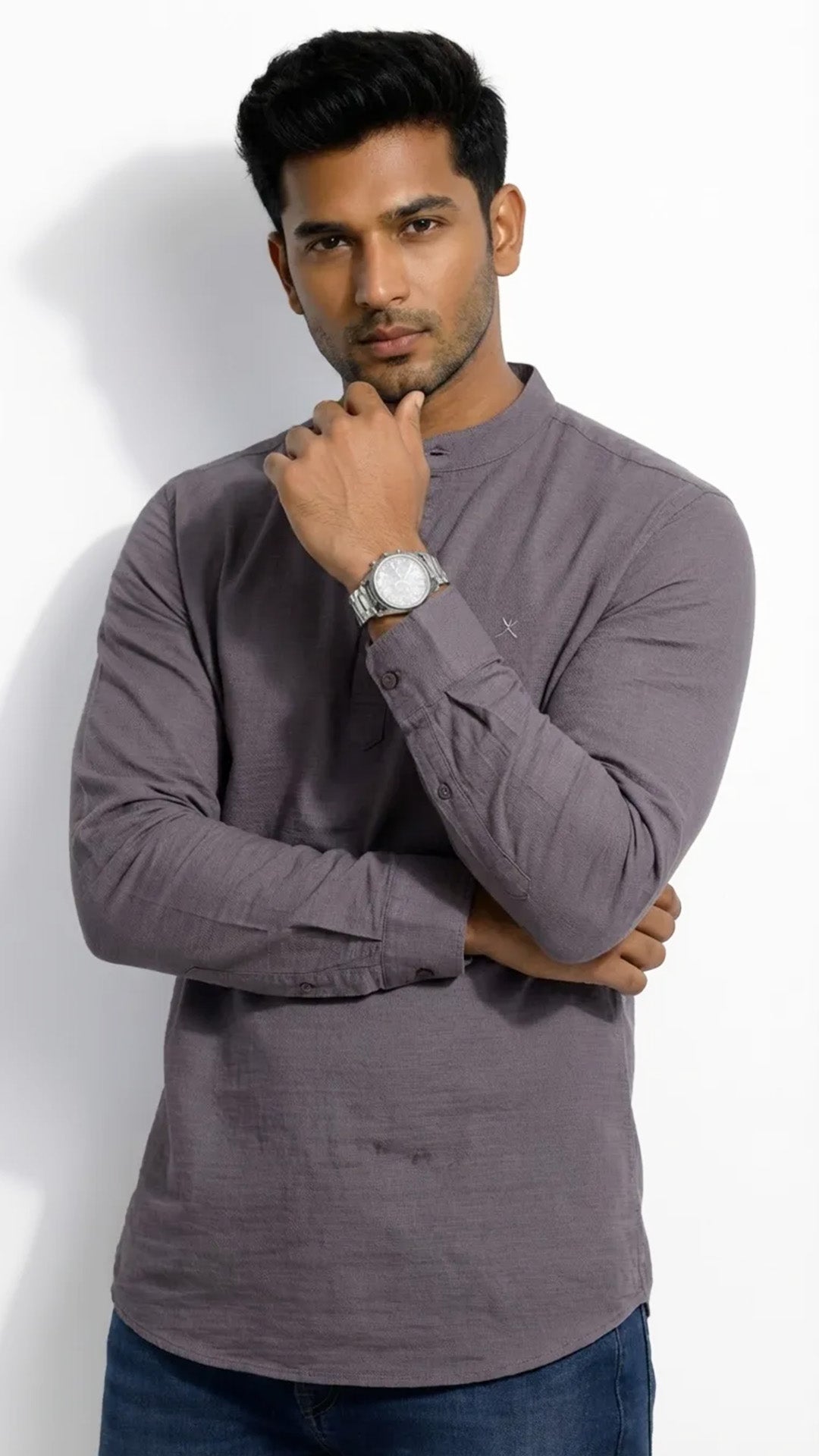 Slim Fit Cotton Plain L/S Half Kurta