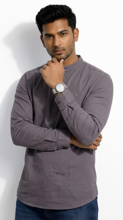 Slim Fit Cotton Plain L/S Half Kurta